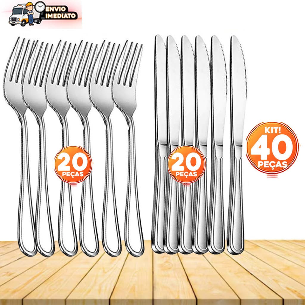 Kit de Talheres 40 Peças em Aço Inox Linha Premium 20 Garfos 20 Facas Casa Cozinha Buffet Restaurante