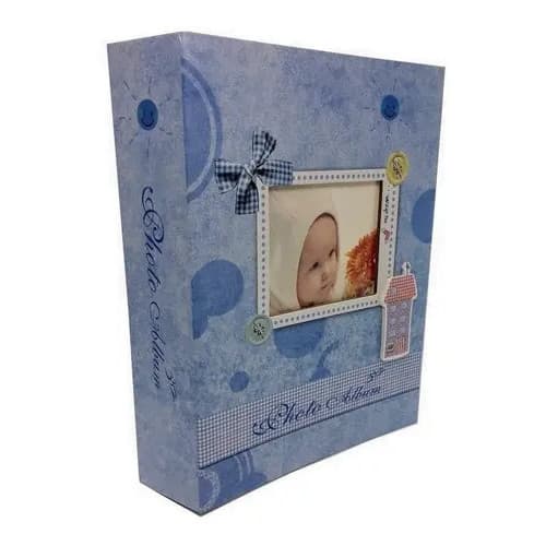 Álbum Infantil Bebê 100 Fotos 10x15 Capa Rígida Azul com Porta Retrato