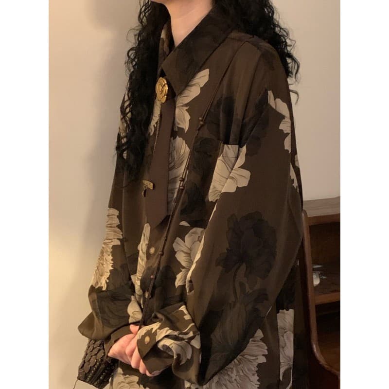 NAGA caseiro 2026 primavera americano Retro estilo Hong Kong impresso camisa de manga comprida feminina solta artística