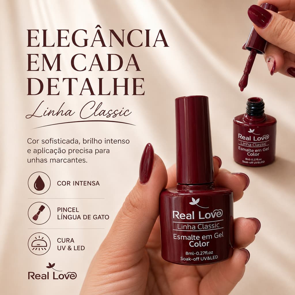 Esmalte em Gel Real Love Linha Classic 8ml Vinho Cereja UV LED Pincel Língua de Gato