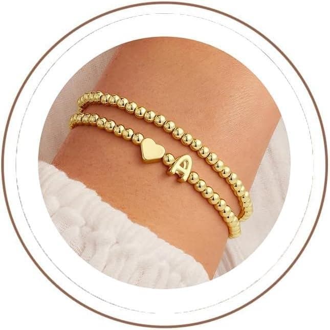 Pulseira de Iniciais em Camadas Ursteel para Mulheres e Meninas - Pulseiras Delicadas com Contas Banhadas a Ouro 14K par