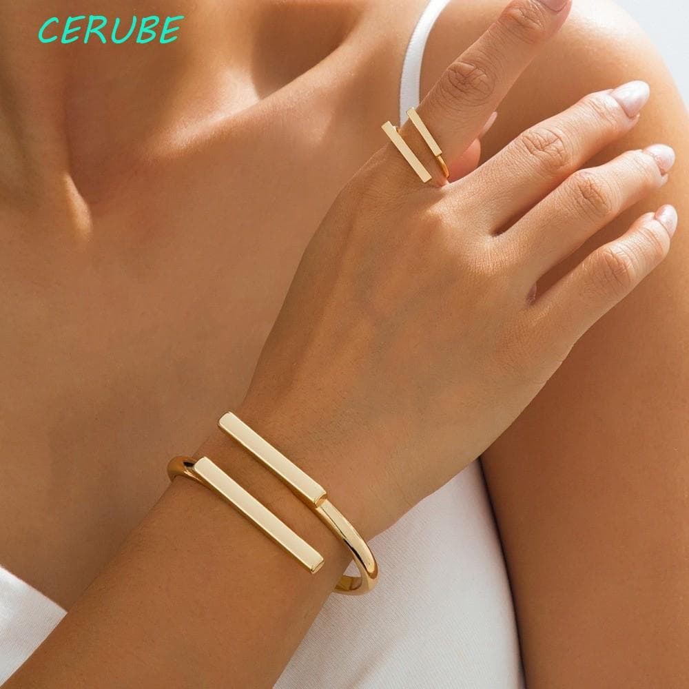 Conjunto De Joias De Metal CERUBE , Anel De Pulseira Exagerada Criativa , Simples Ajustável Em Formato Quadrado