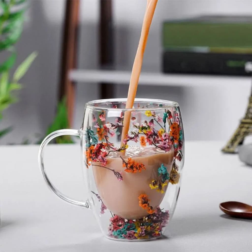 Kit 2 Canecas de Vidro Florido em Parede Dupla Ideal para Chá 350ml