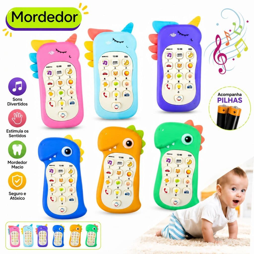 Celular Infantil Musical telefone Interativo com mordedor Educativo Sensorial brinquedo Para bebê