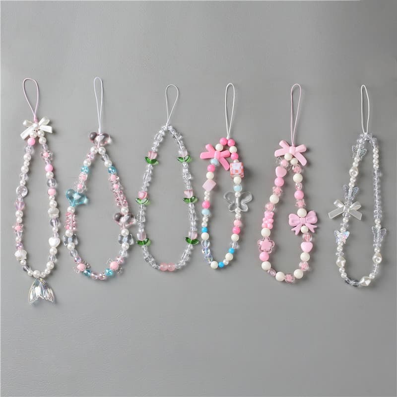 Corrente de celular com laço, cordão com flor de tulipa, pingente para bolsa, acessório de contas rosa fresco e doce par
