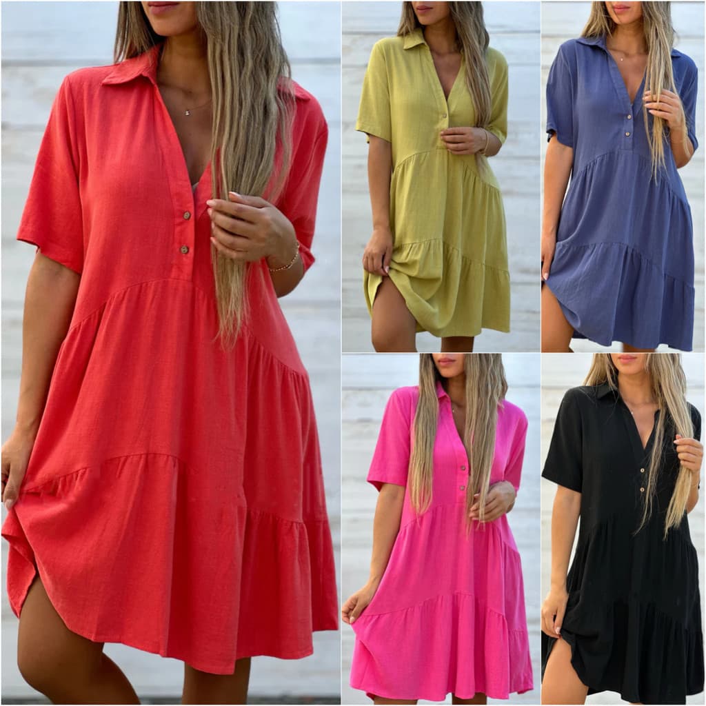 Vestido Feminino , Folgado , Cor Sólida , Gola Virada Para Baixo , casual , Manga Curta , De Linho De Algodão