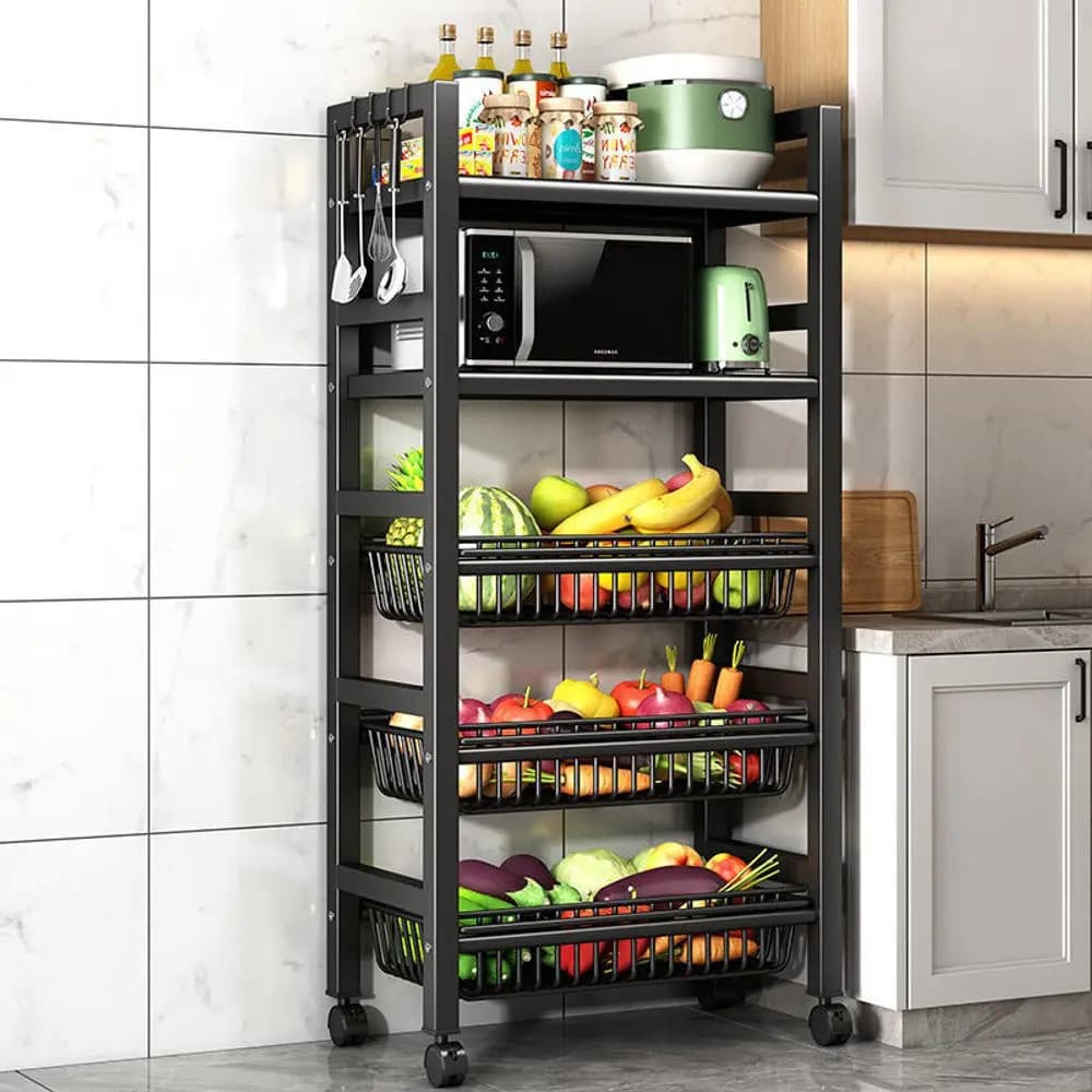 Fruteira Multiuso Organizador 5 Compartimentos Com Cestos E Rodinhas Com Suporte Para Microondas aço