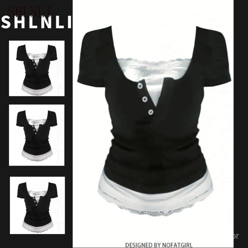 Camiseta Feminina de Renda de Manga Curta, Ajustada, Cor Sólida, Primavera Verão YNFV