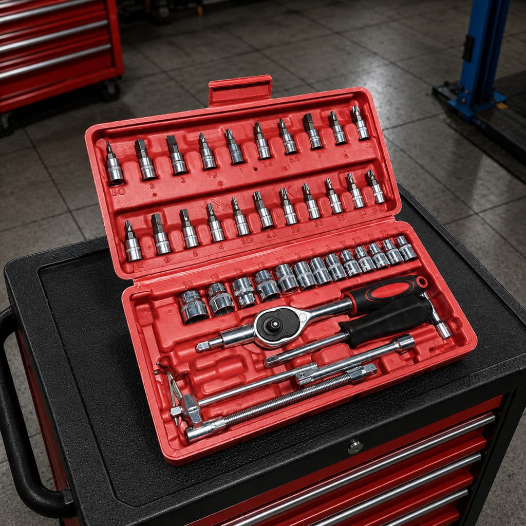 Kit Ferramentas Completo 46 Peças com Catraca e Soquetes