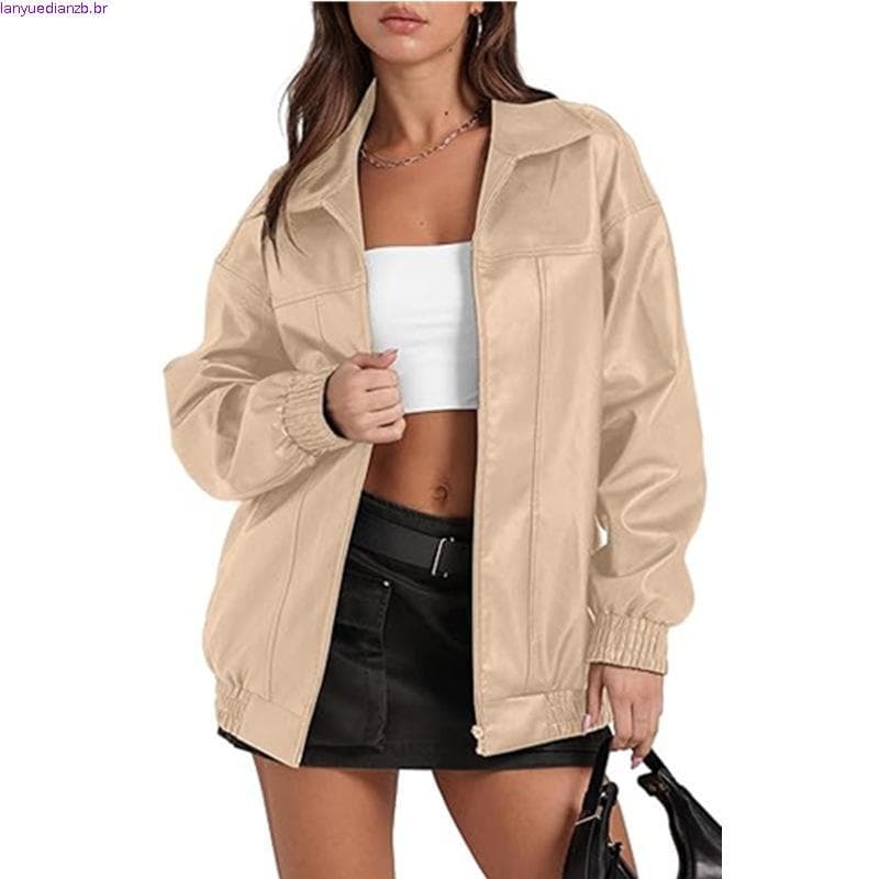 Jaqueta Feminina de Couro PU em Cor Sólida, Manga Longa, Gola Reversível, Zíper, Bolso Lateral, Estilo Trench Coat