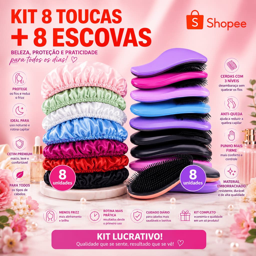 Kit Econômico Para Cabelos Cacheados e Lisos | 8 Toucas Cetim + 8 Escovas