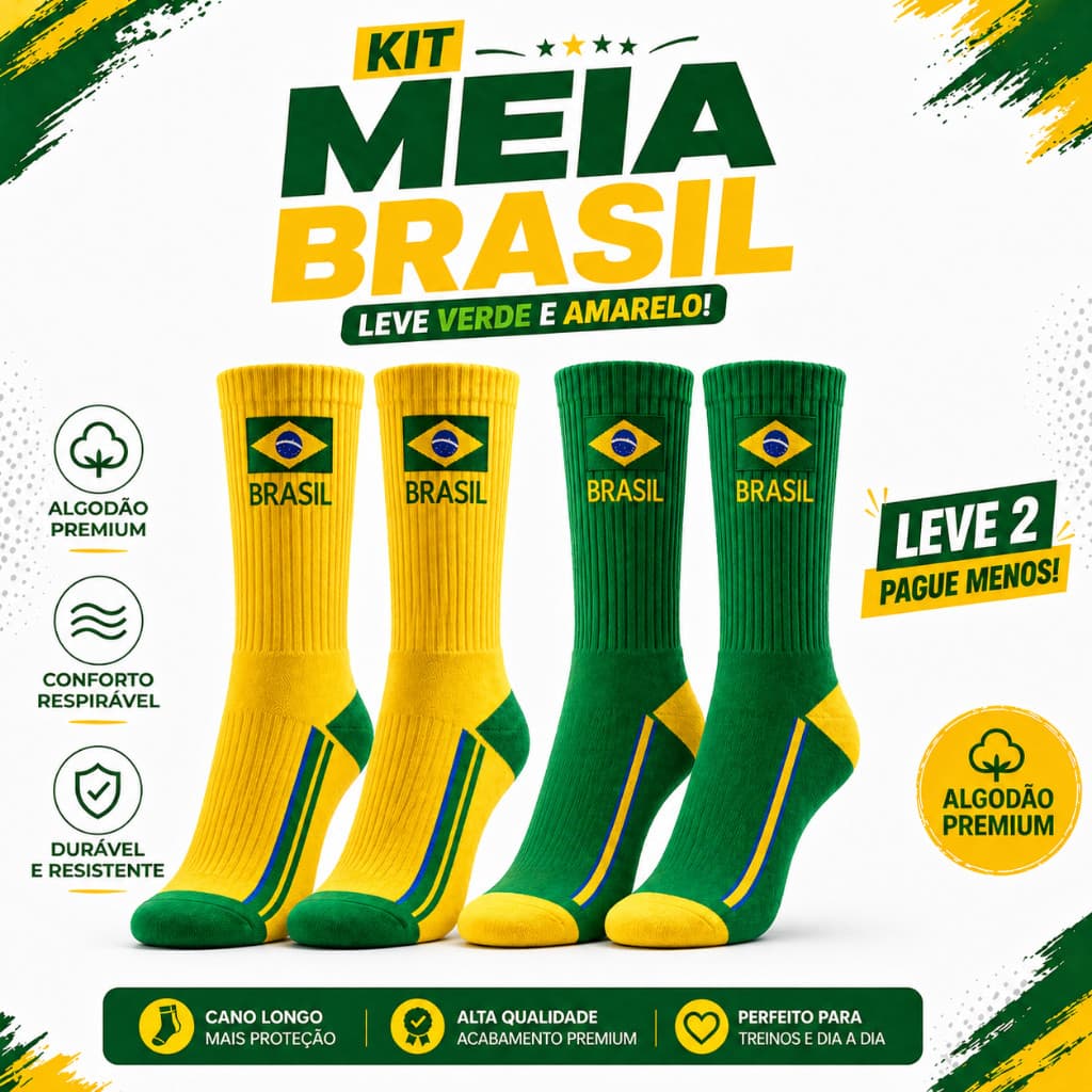Kit Meia Brasil Cano Alto Algodão Premium Confortável 34~44 Masculina/Feminina Copa Futebol Torcedor