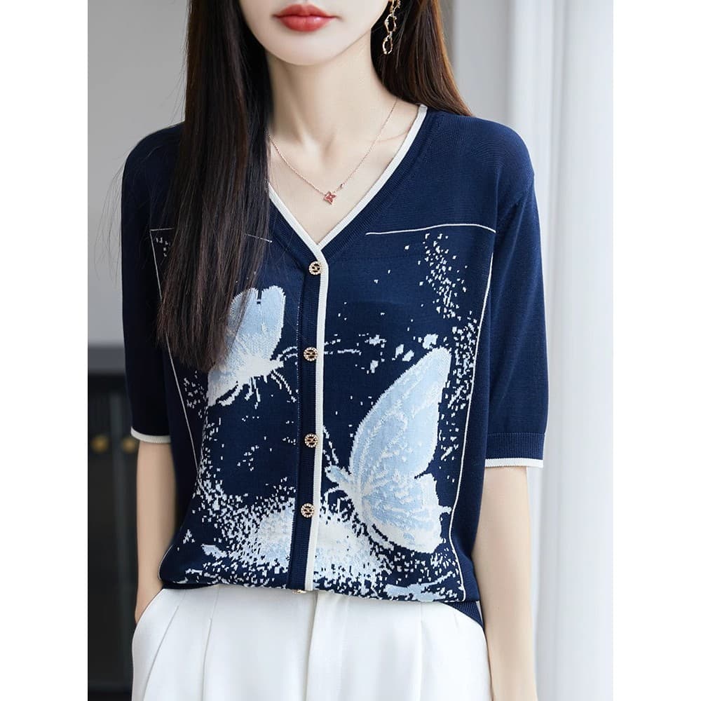Lyocell Tencel Cardigan de malha com decote em V feminino camiseta de manga curta 25 verão fino contraste cor impresso p