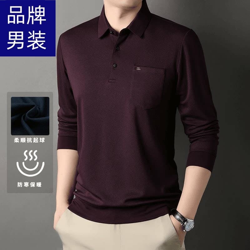 [Silky macio + bolso] marca primavera outono novo estilo camisa POLO masculina de manga comprida de meia-idade negócios