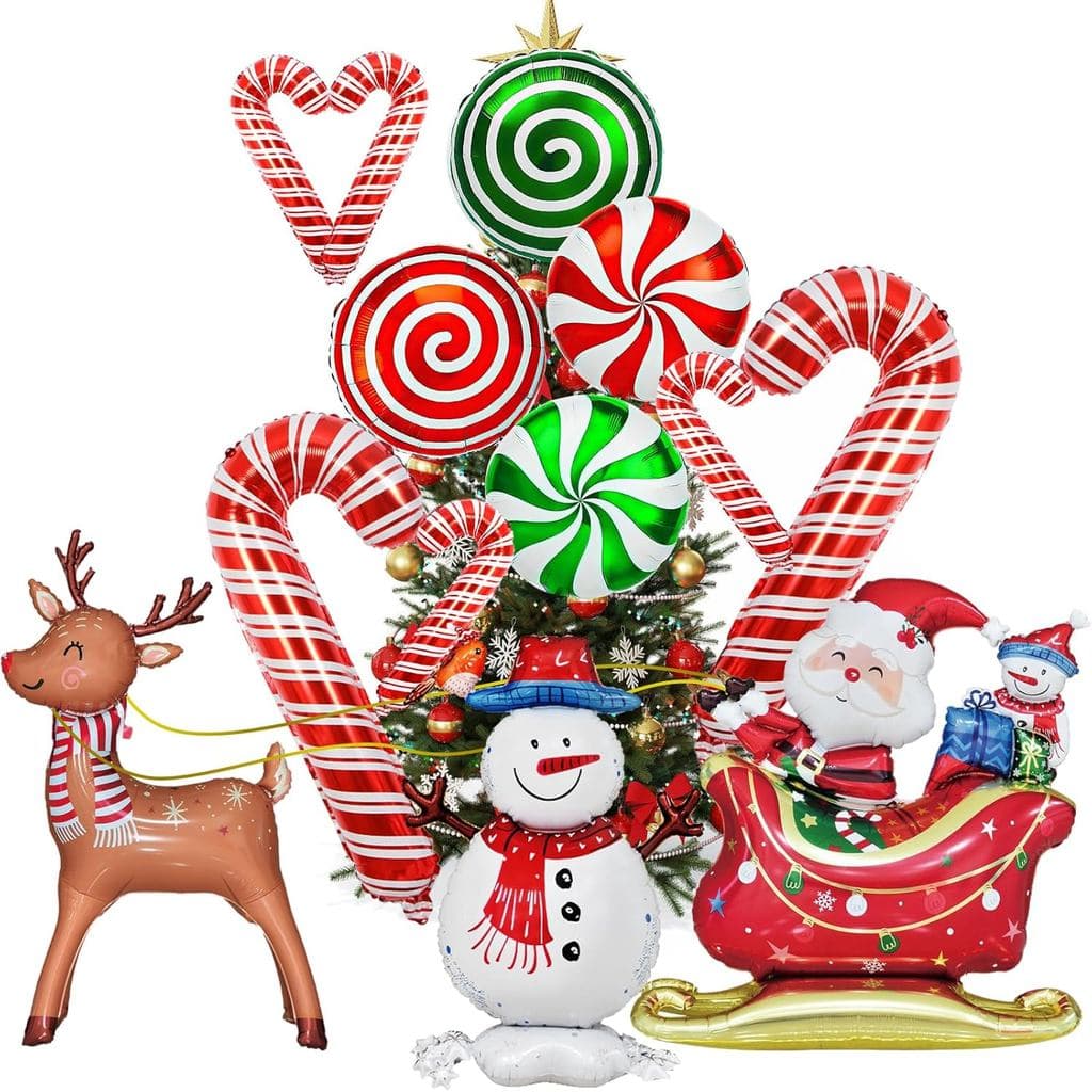 Conjunto de 17 Balões de Natal — Balões de Papai Noel, Boneco de Neve, Rena, Bengala Doce e Balão de Menta — Decorações