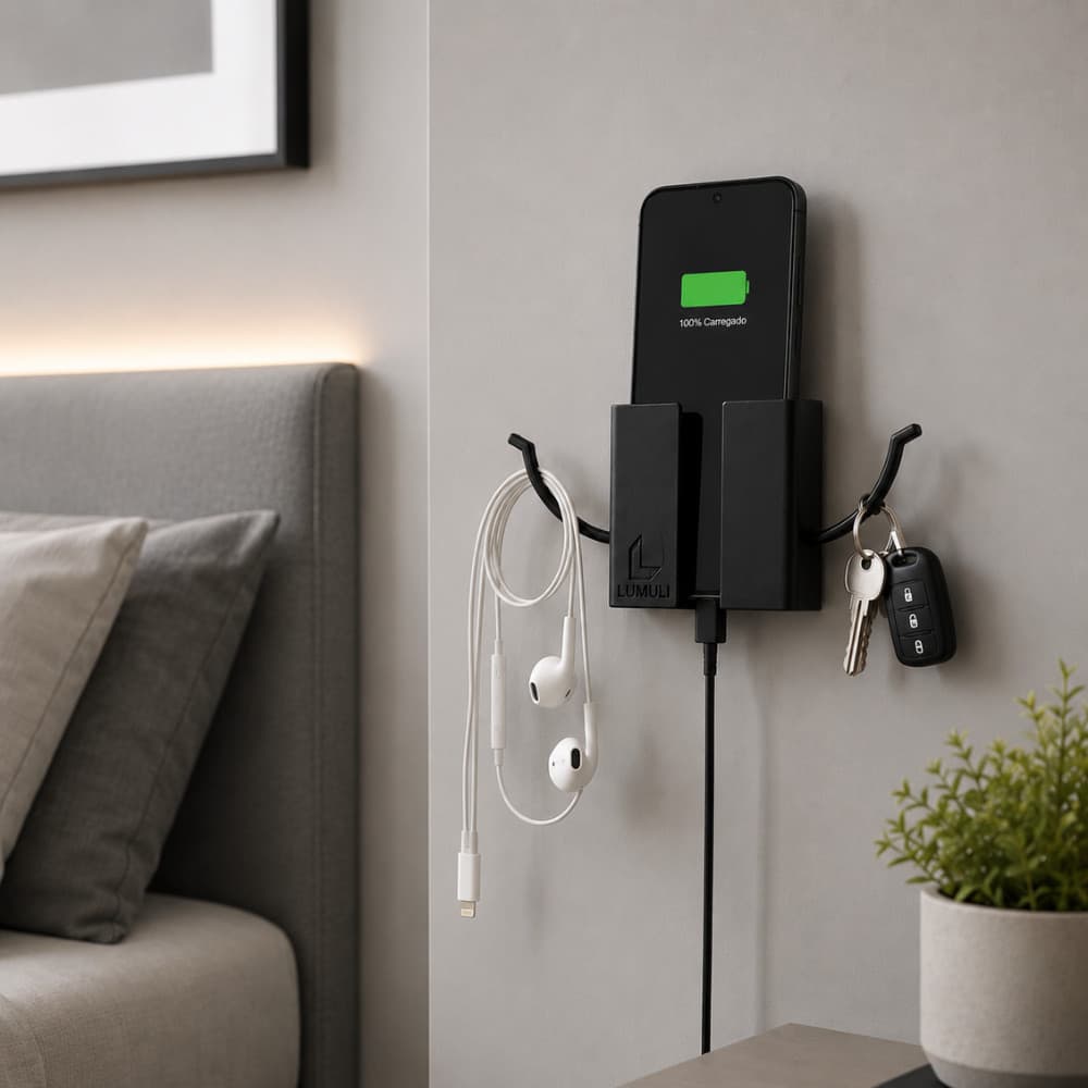 Suporte de Parede para Celular com Ganchos Organizador Carregador Chaves Fone Multiuso - Dupla Face