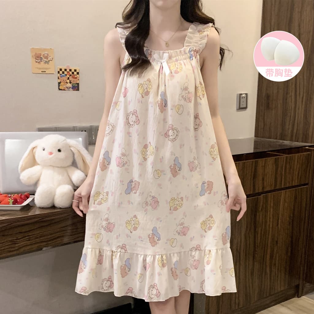 Doce com almofada no peito dos desenhos animados camisola feminina verão estilingue babados bonito filhote de cachorro n