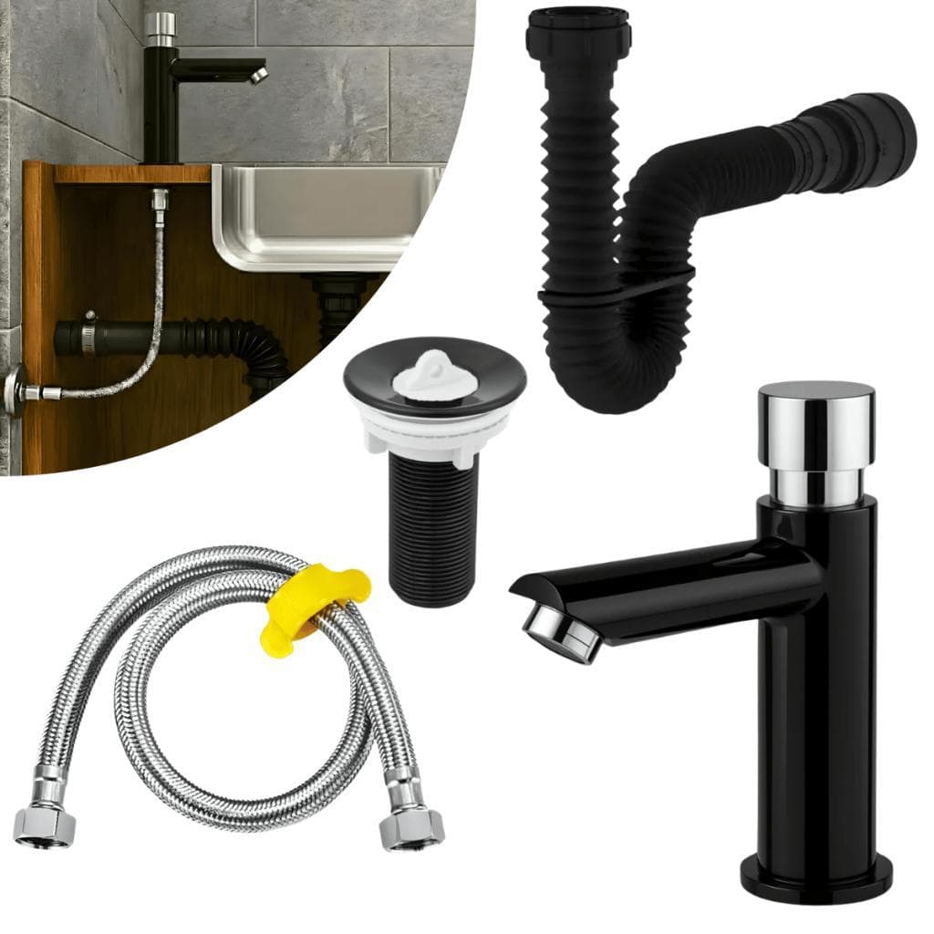 Kit Torneira Automática + Sifão Universal + Engate Inox + Válvula ABS Preto Banheiro Puracasa