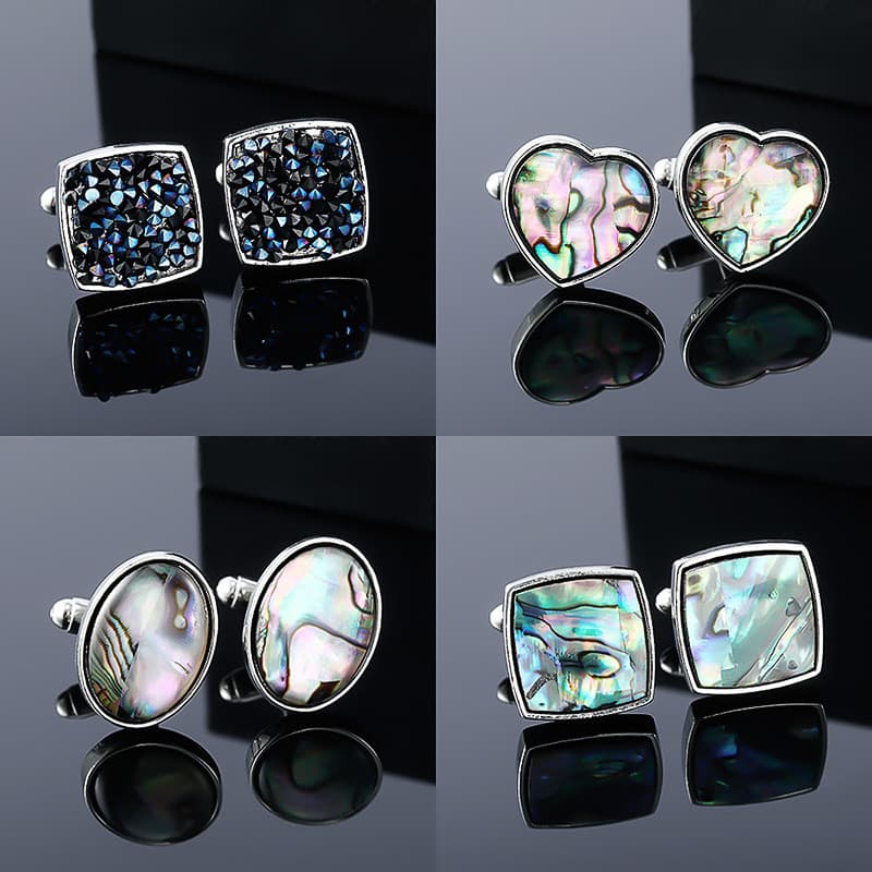 Abotoaduras masculinas de madrepérola com design de concha de abalone, abotoaduras quadradas de metal com concha em degr