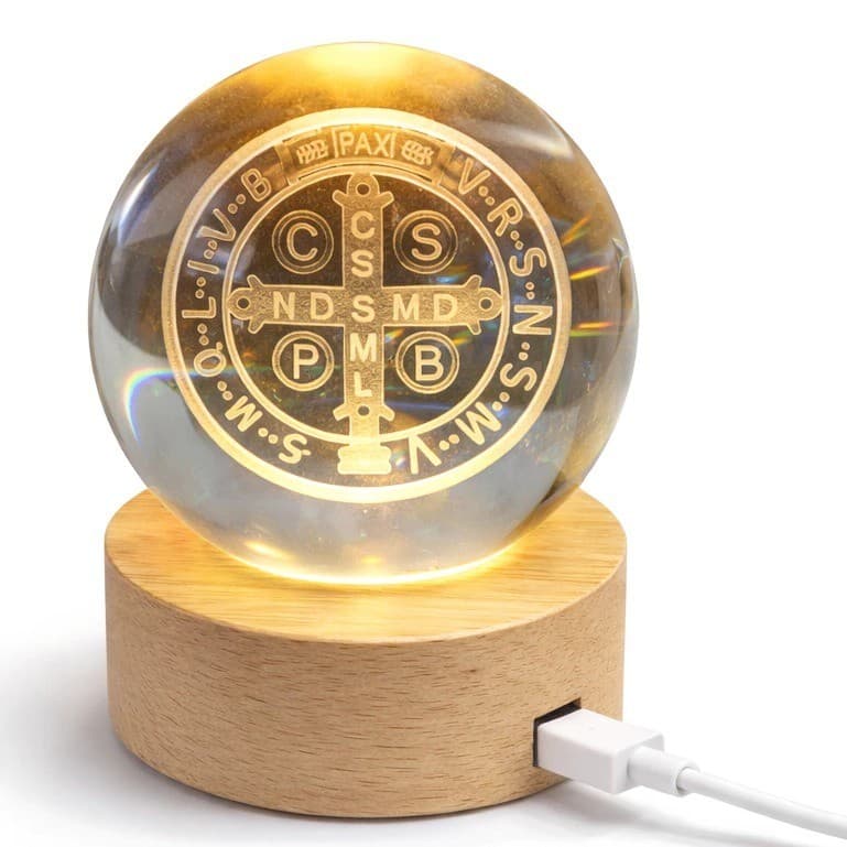 Luminária Bola Cristal de Mesa São Bento Base Madeira 3D Decoração