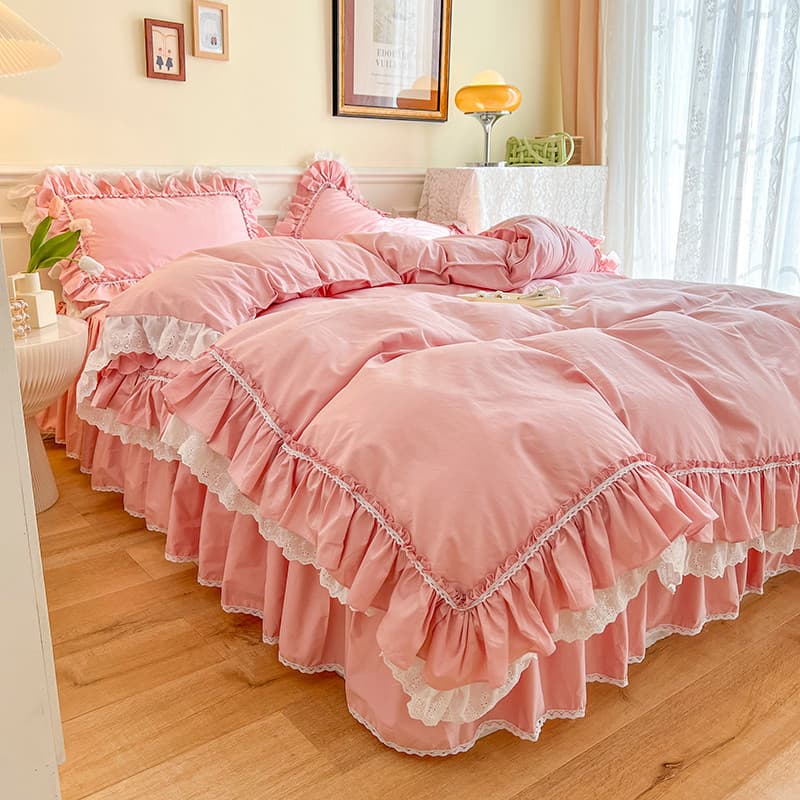 Puro algodão estilo princesa babados saia de cama conjunto de quatro peças menina cor sólida 100% algodão colcha capa qu
