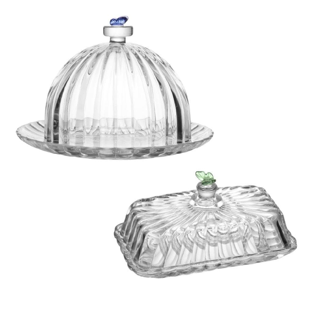 Kit Mesa Posta Queijeira E Manteigueira Cristal Transparente Borboleta 3D Sortida Fairy