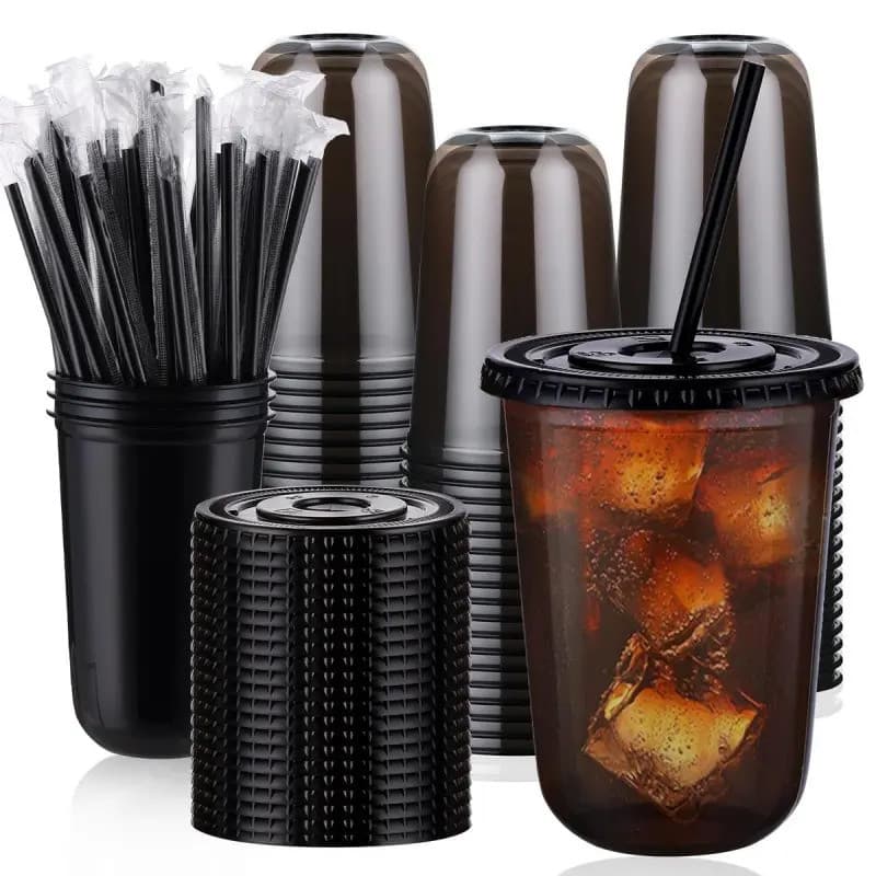 100 unidades de Copos Plásticos de 16oz com Tampas e Canudos – Copos Descartáveis Pretos e Transparentes para Bebidas Fr