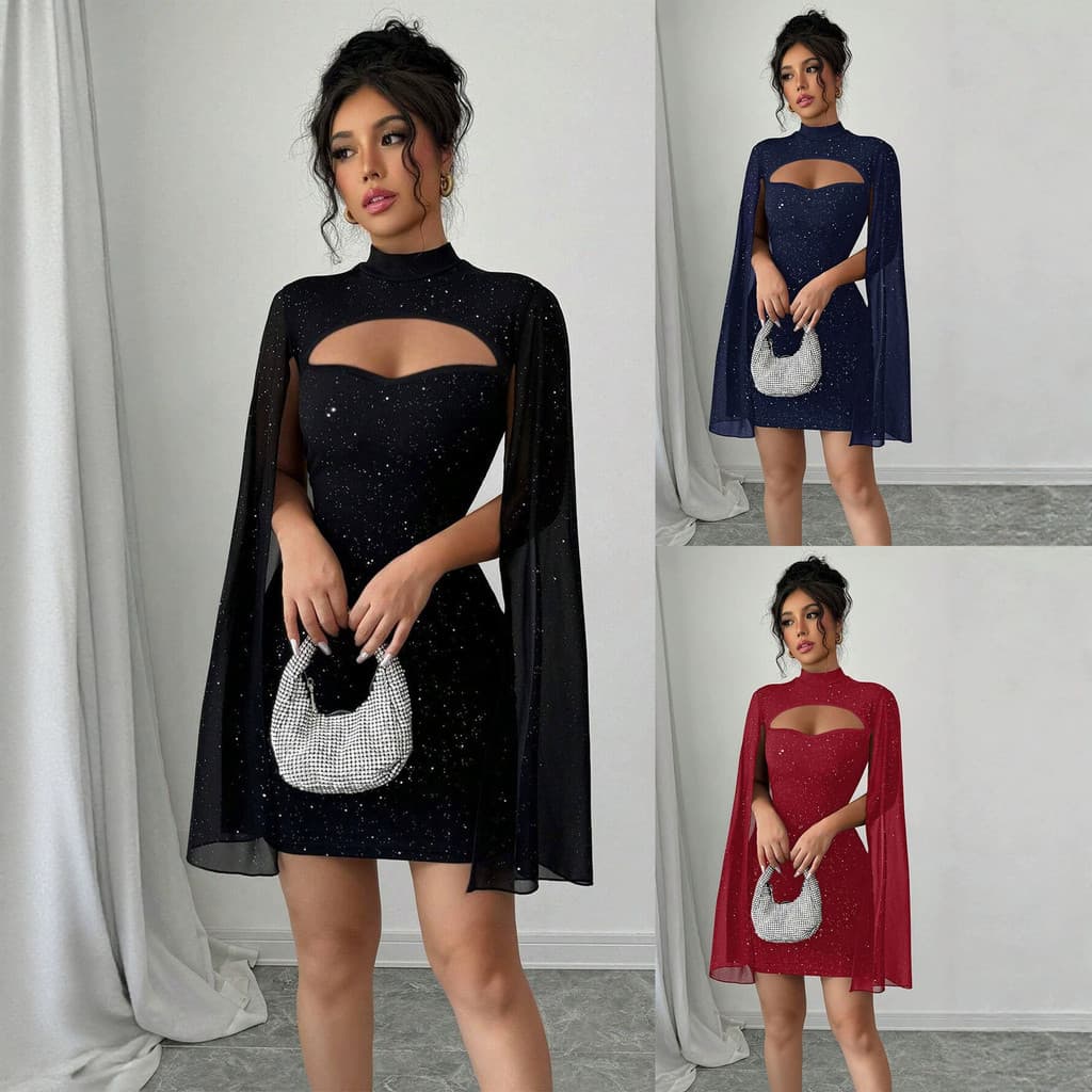 Novo estilo gaze manto mangas polvilhar rosa nádegas cintura estreita vestido elegante