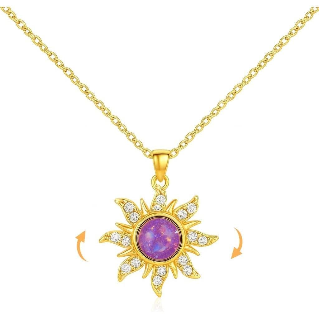 Colar Sol Rapunzel para Mulheres, Feito à Mão, Banhado a Ouro 14K, Colar com Pingente de Sol Rotativo, Acessórios Roxos