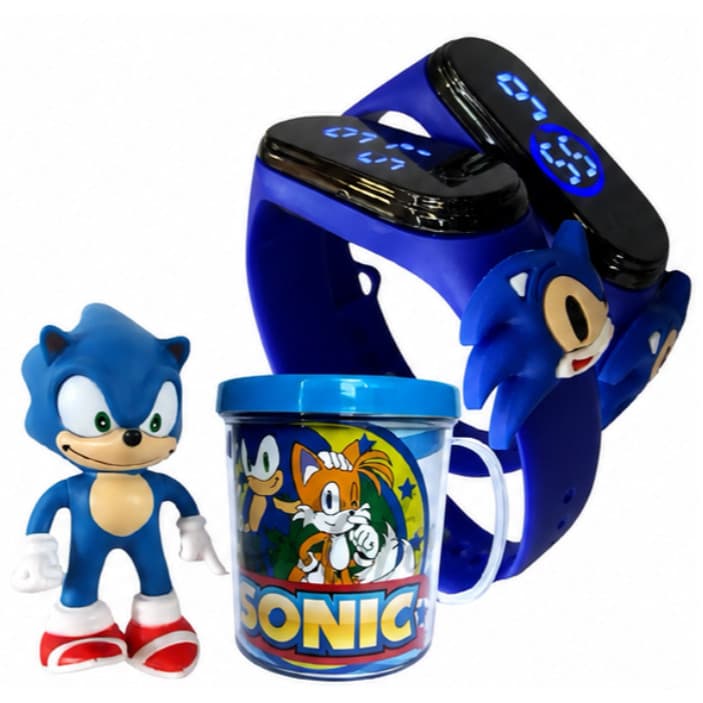 Kit Sonic 3 em 1 Infantil Relógio Digital Copo Boneco Presente