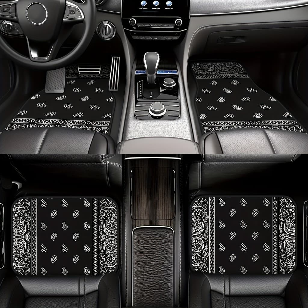 Adequado para todos os modelos de carros Tapetes de carro com padrão retrô preto Conjunto de 4 peças, tapetes de carro q
