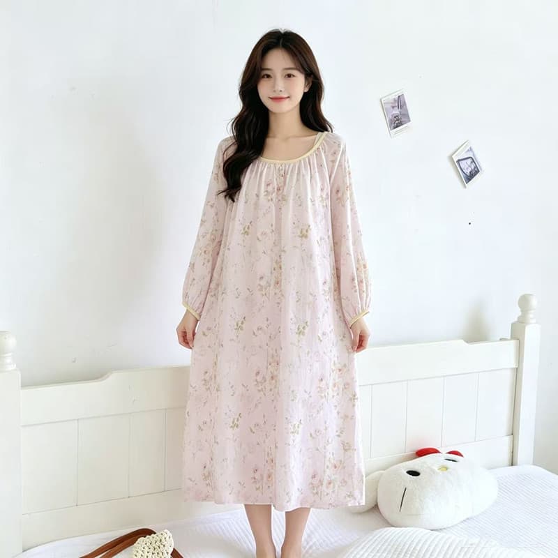Camisola de algodão puro feminina primavera verão novo estilo longo casa dormitório manga longa solta doce algodão estil