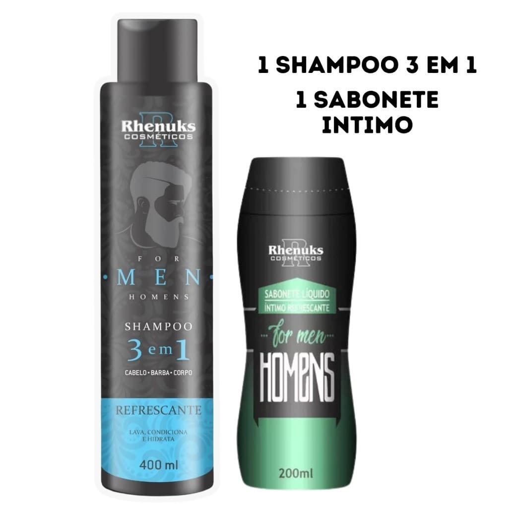 KIT For Men com Shampoo 3 em 1 c/ 400 ml  para cabelo barba e corpo + Sabonete Intimo 200 ml -   Rhenuks Homem