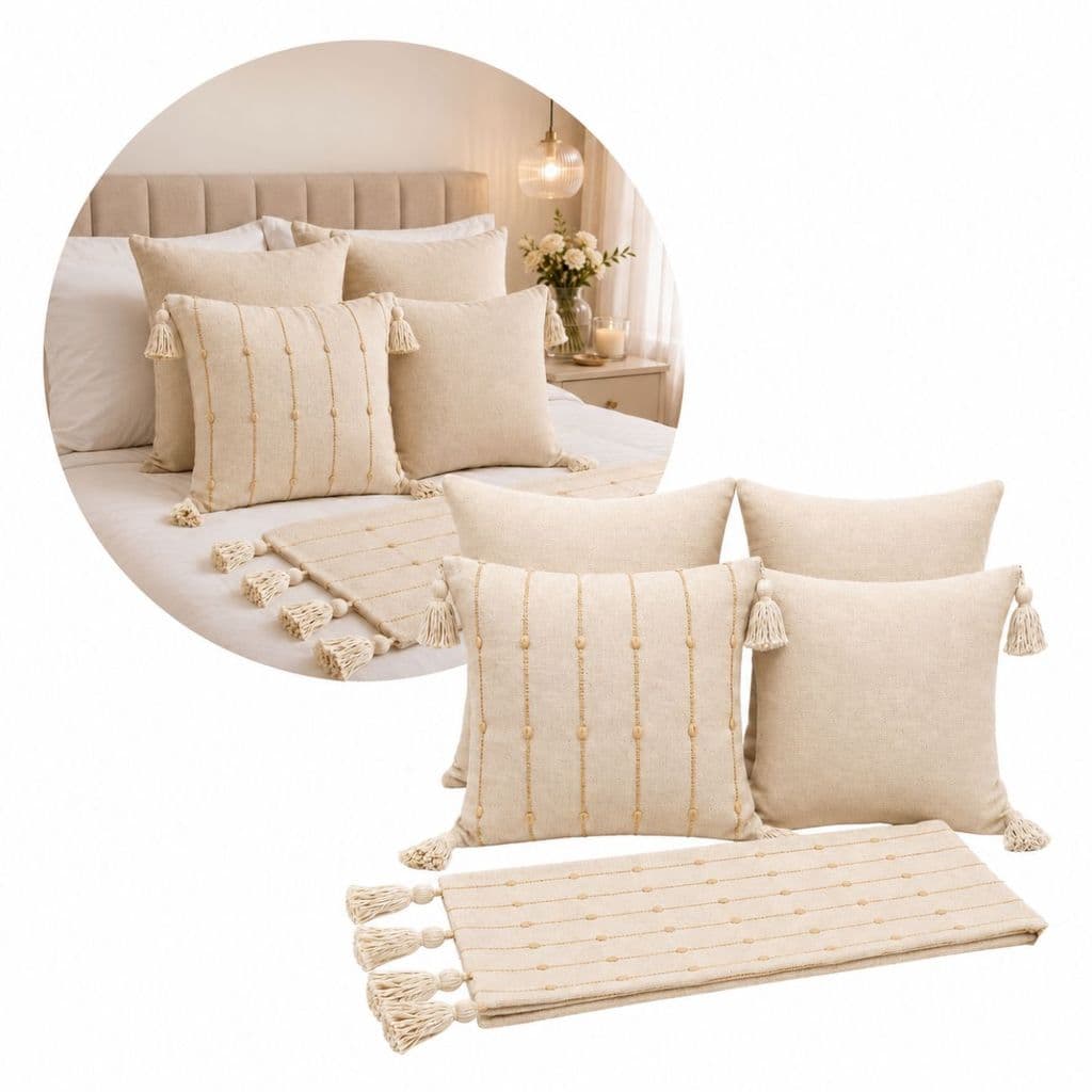 Kit 5 Peças Cama  Almofadas + Peseira Lona Panamá Dourada