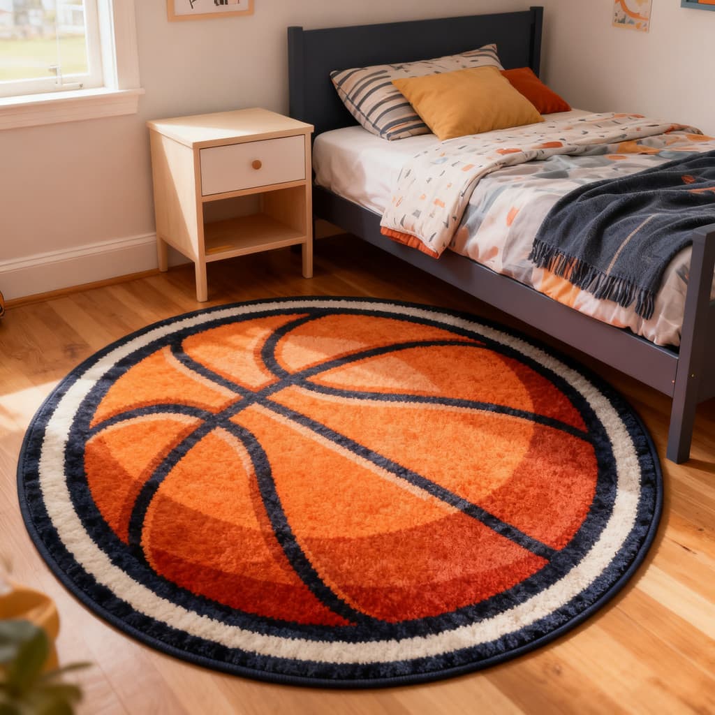 Tapete redondo de basquete para quarto de crianças, cobertor de cabeceira para quarto de menino, futebol, antiderrapante