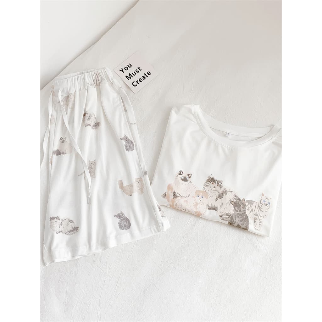 Macio Macio Macio Macio Macio |Pijama Modal feminino verão Shorts de manga curta calças japonês bonito pintado à mão gat