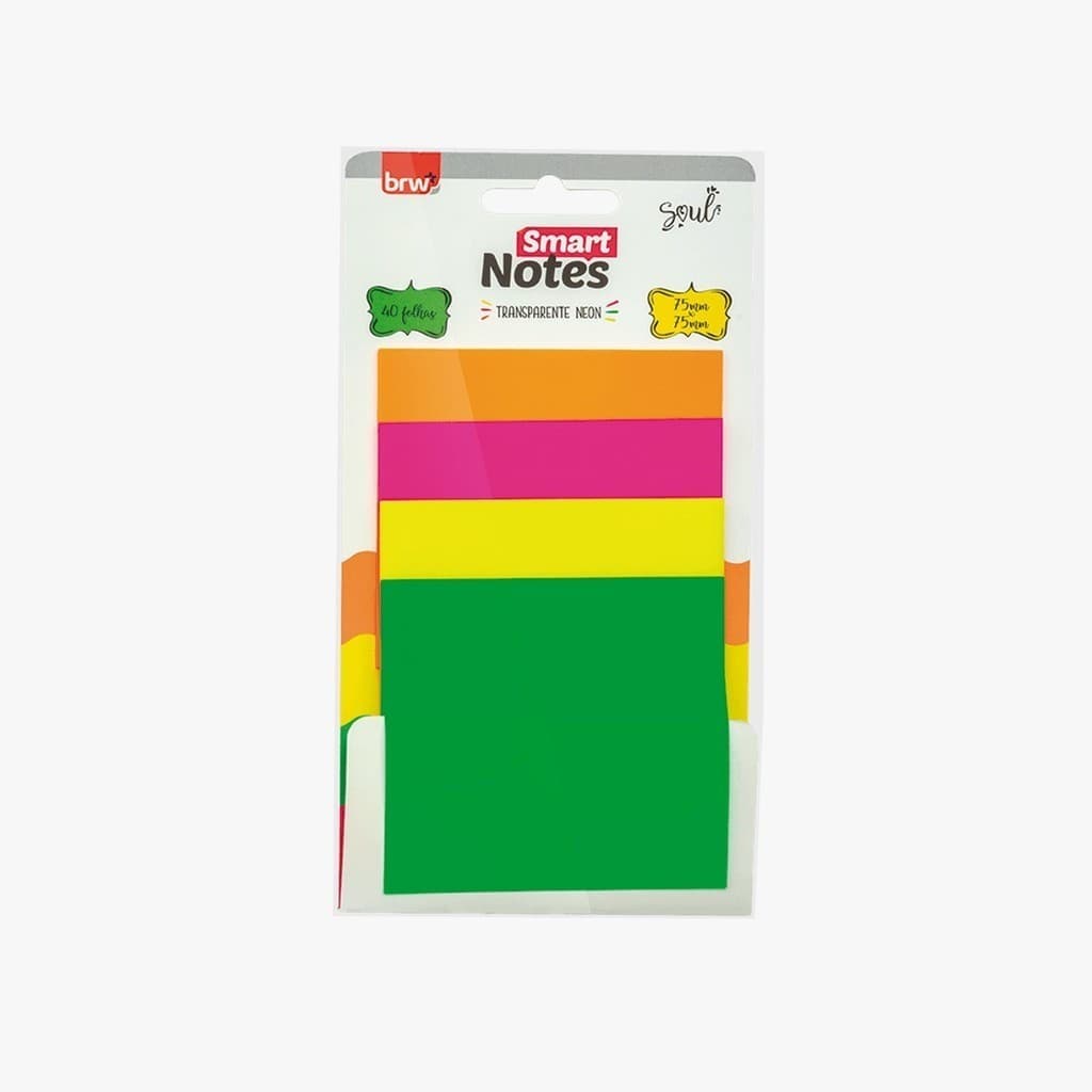 Bloco Adesivo Transp Neon Smart Notes 4 Cores 75x75mm 40 folhas Reposicionável e Resistente à Água