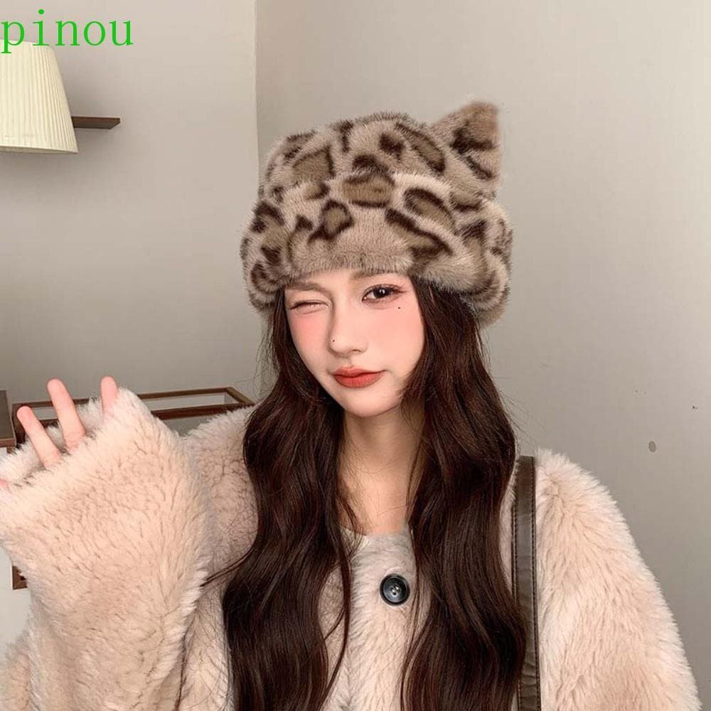 Gorro De Orelha De Leopardo PINOU , Chapéu De Urso De Pelúcia Macio De Pele De Vison De Imitação , Elástico Retrô Sem Ab
