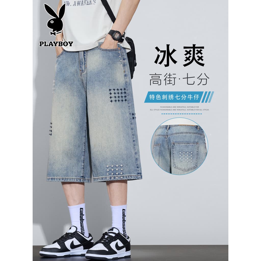 Playboy American Retro Machete Denim Shorts Masculino 2026 Verão Angustiado Solto Calças Cortadas de Perna Larga