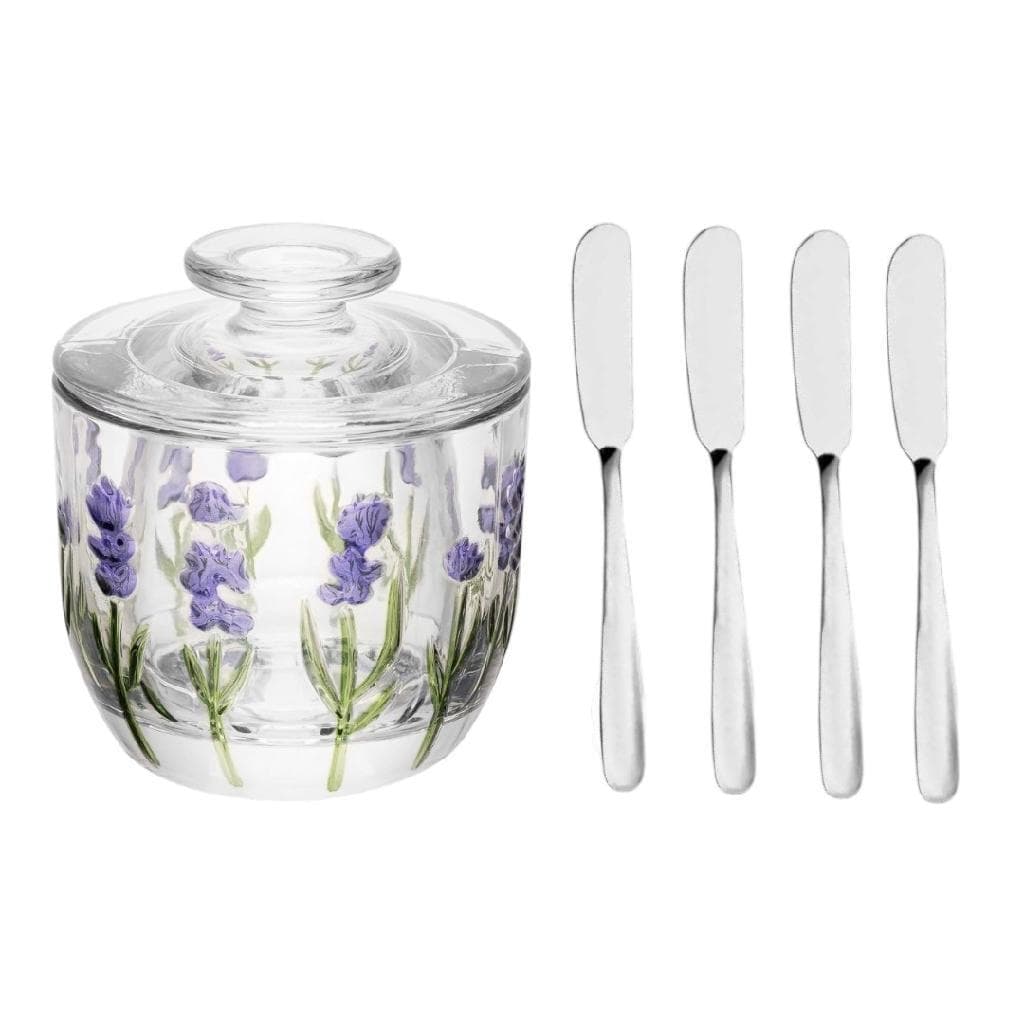 Manteigueira Francesa De Vidro Estampa Lavanda Conserva Fora Da Geladeira + 4 Espátulas