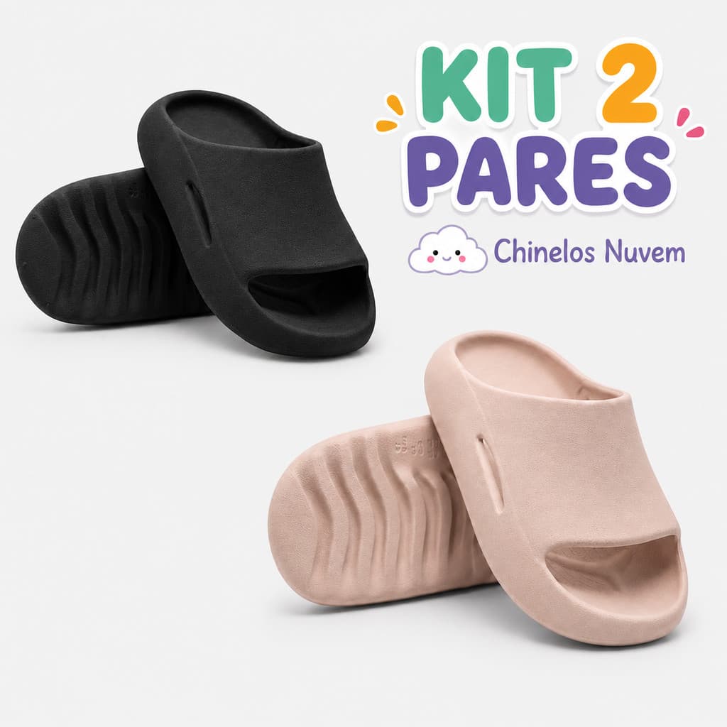 Kit 2 Pares Chinelo Nuvem Infantil Bege e Preto Slide Leve Macio Confortável Meninos Meninas