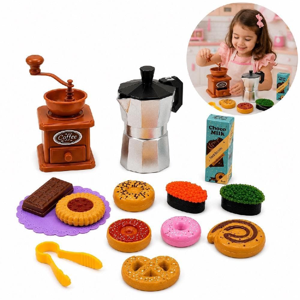 MAQUINA DE CAFE INFANTIL KIT CAFETERIA MOEDOR CAFETEIRA ITALIANA BRINQUEDO COMPLETO 14 PECAS MINI COZINHA LANCHONETE MER