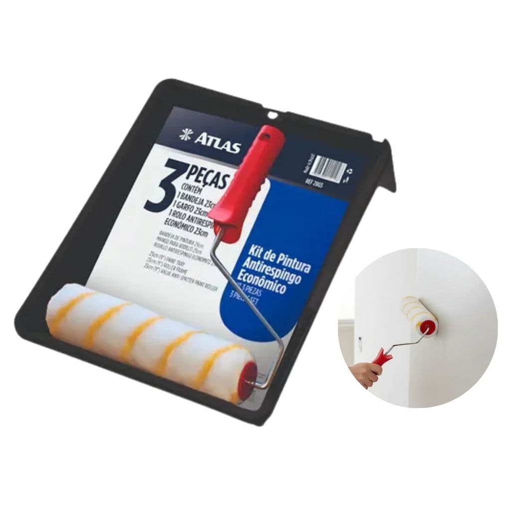 Kit Pintura Rolo Antirespingo 3 Peças 23cm Rolo Lã 10mm Atlas