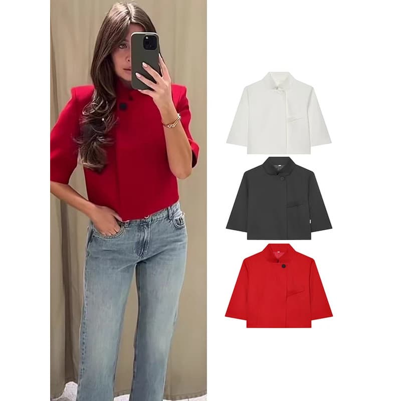 Casaco Feminino TFMLN de Cor Sólida, Gola Semi-Alta, Manga Curta, para o Dia a Dia, Estilo Casual e Elegante para a Prim