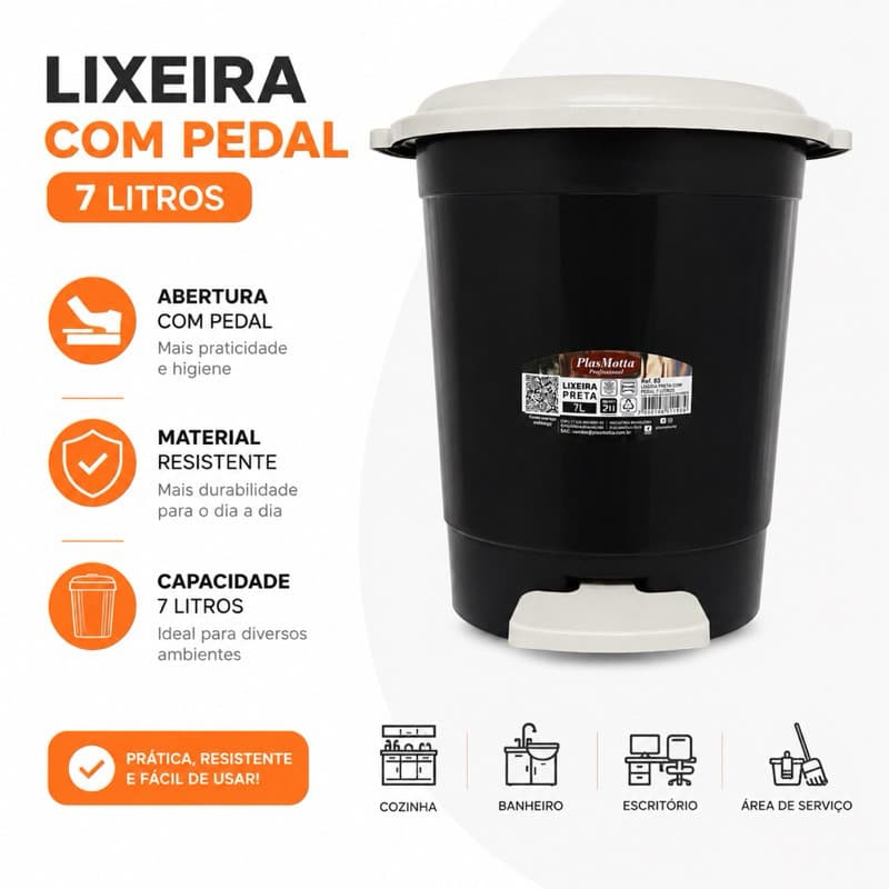 Lixeira Com Pedal 7L Banheiro Cozinha Escritório Resistente Kit 1 a 6 Unidades