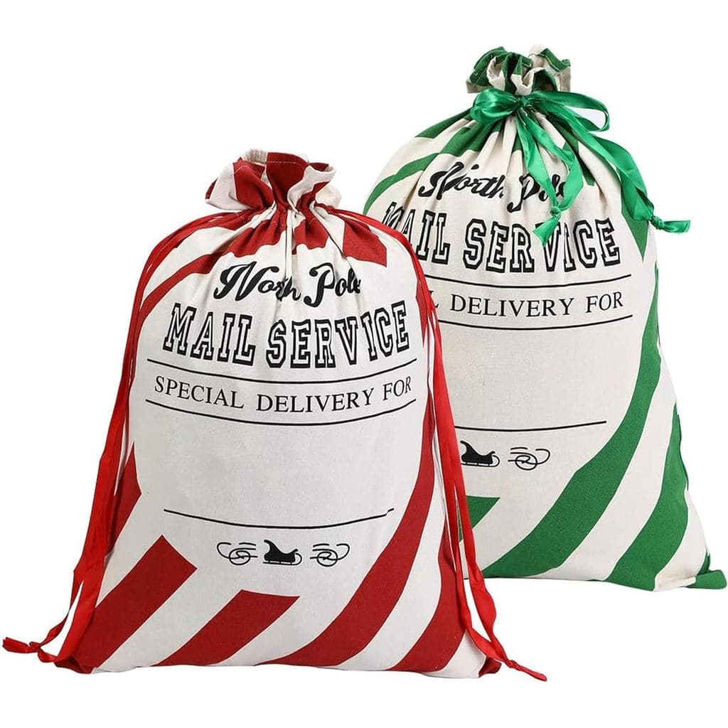 XinblueCo Saco de Papai Noel, Pacote com 2 Sacos de Lona Listrados de Natal com Cordão, Saco de Presente Personalizado d