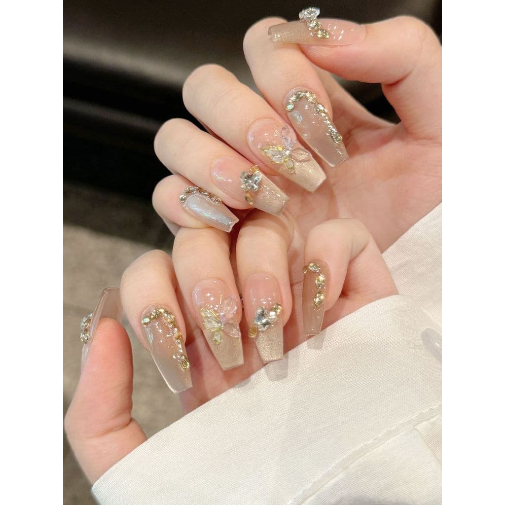 Folha morta borboleta artesanal usar unhas elegante champanhe francês olho de gato luz luxo Premium Manicure unhas falsa