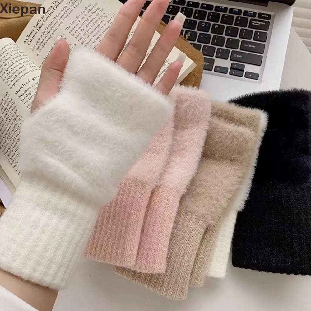 XIEPAN Luvas De Meio Dedo De Inverno Macio Feminino Quente Luxuoso Cor Sólida Sem Dedos
