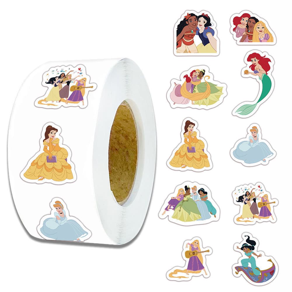 500 peças, 10 designs, rolo/fita de adesivos de desenhos animados das Princesas Disney U3LH