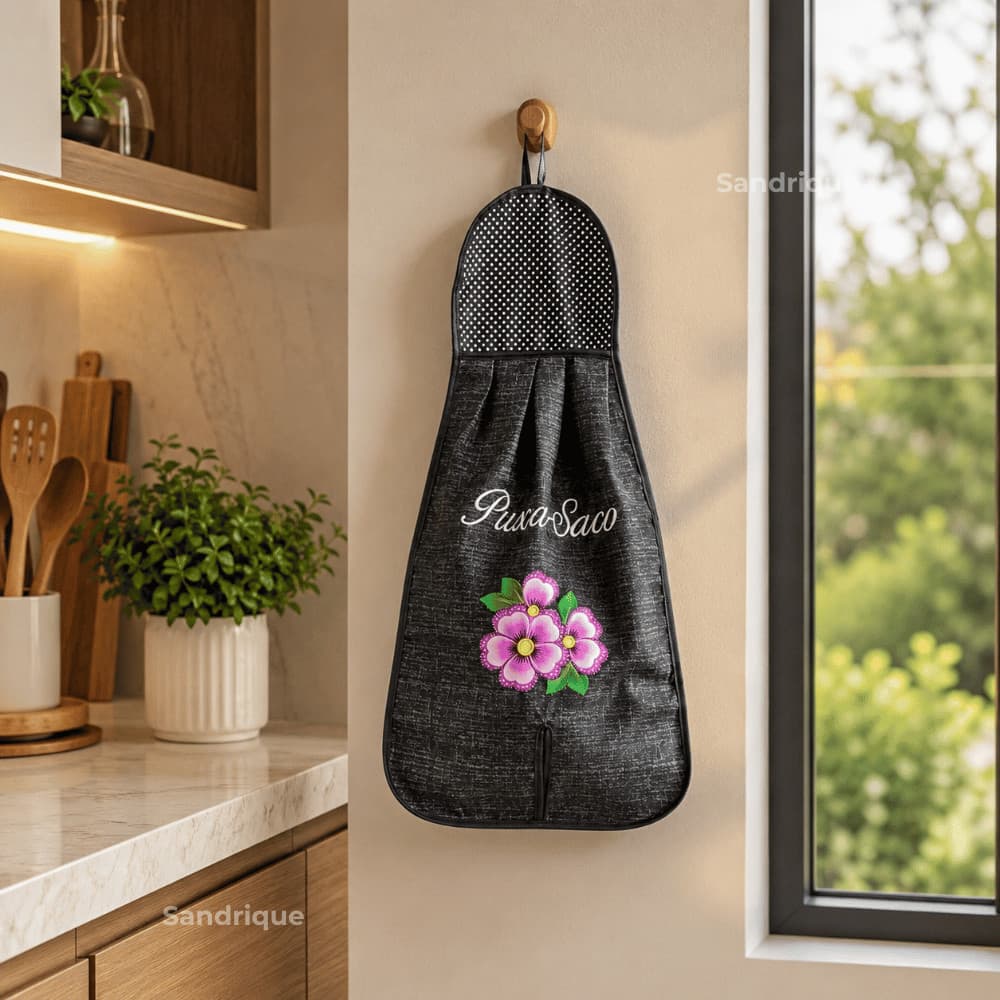 Puxa Saco GRANDE Bordado Preto Porta Sacolinhas Dispenser Organizador